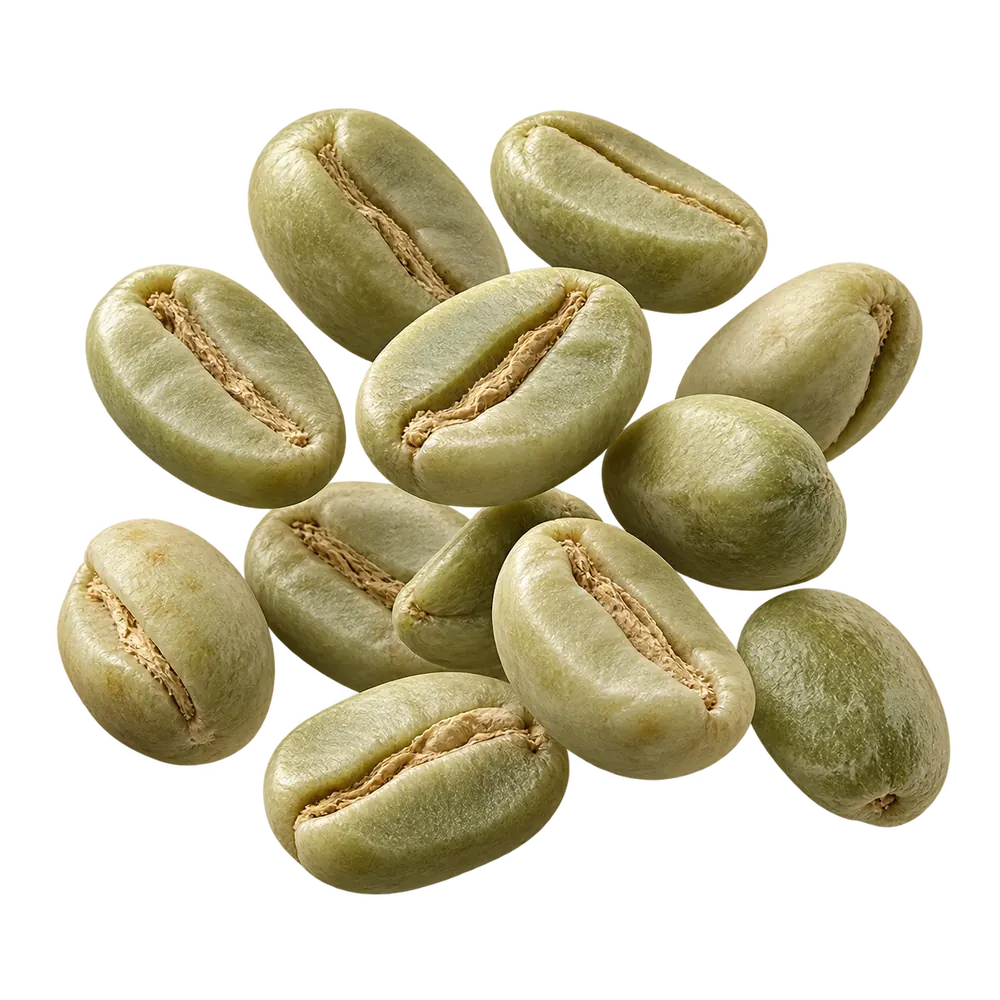 Unroasted green coffee beans floating in a three dimensional arrangement
